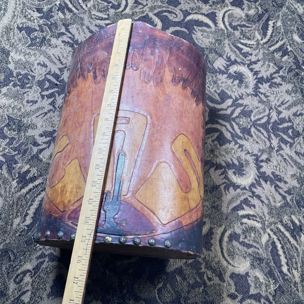 19th Century American Cactus Leather Wastebasket Bin Loop Lace 10.5
